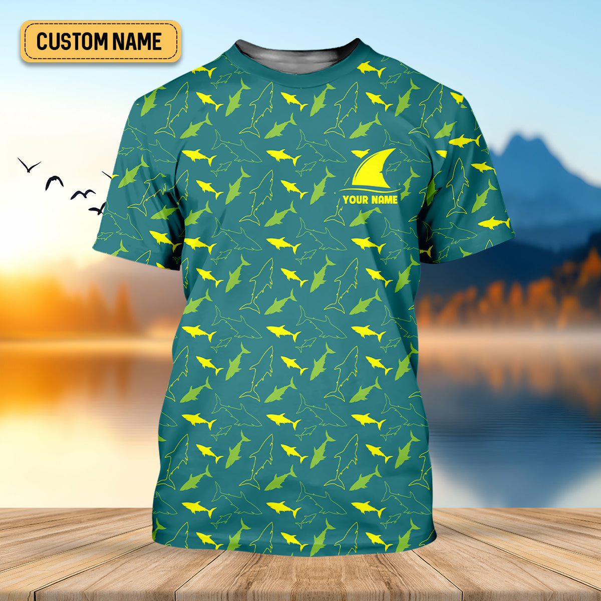 Green And Yellow Shark Pattern Performance Fishing Shirts, SPF Shirt For Men, Fishing Gifts For Men