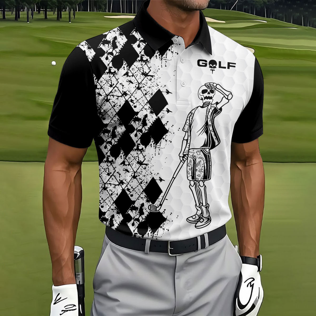 Golf Skeleton Splatter Effect Argyle Pattern Golf Tops For Men, Father's Day Golf Gift