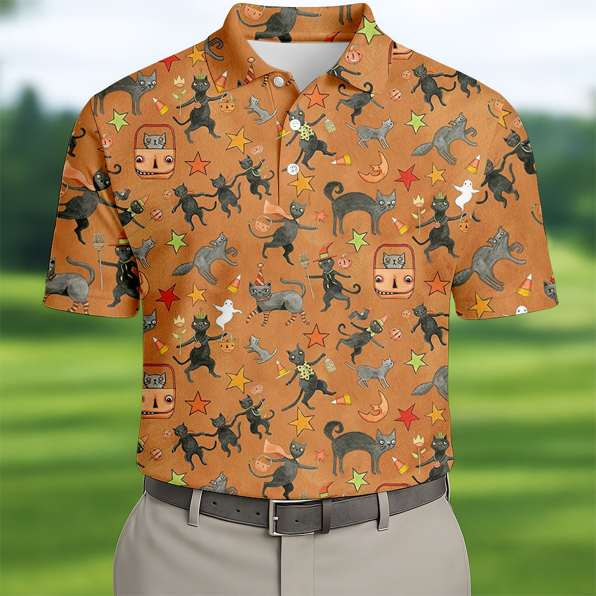 Vintage Black Cat Halloween Pattern Polo Shirt, Mens Golf Polo, Golf Apparel For Men