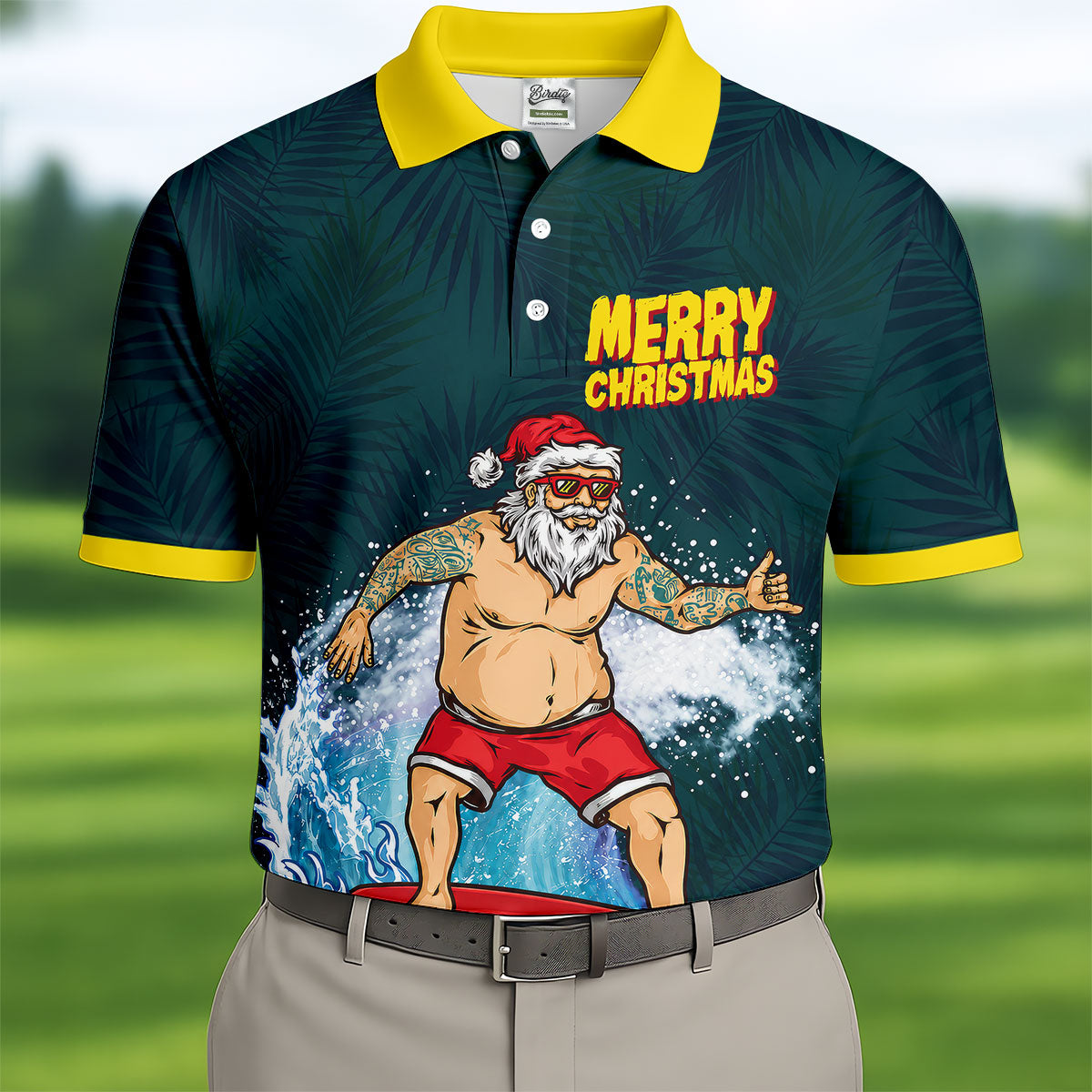 Surfing Santa Mele Kalikimaka Christmas Polo Shirt, Mens Golf Polo, Hawaiian Golf Shirt