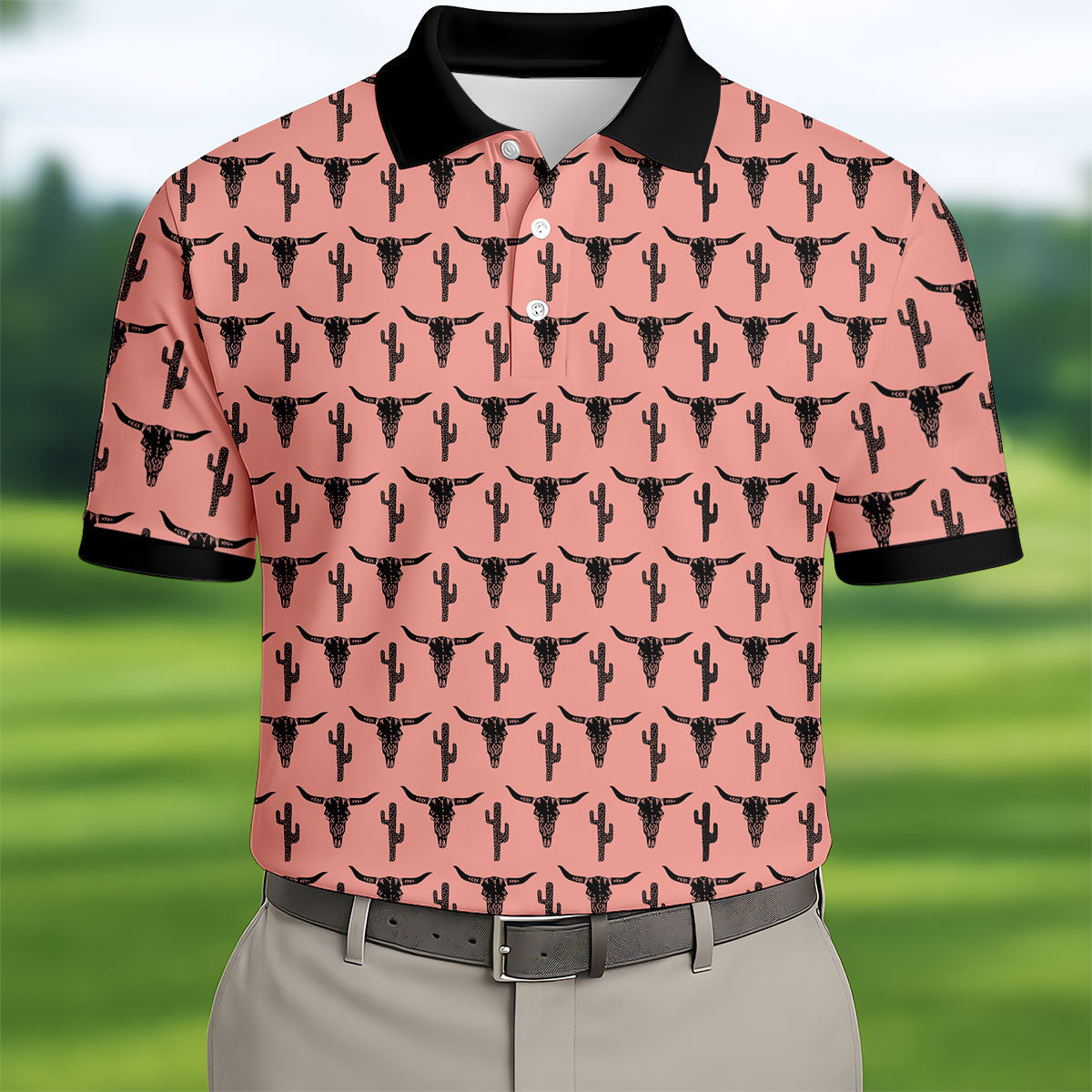 Longhorn Cow Skull Western Theme Peach Pink Golf Tops For Men, Polo ShirtFor Men, Golf Shirts For Men