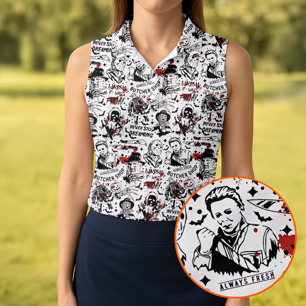 Classic Horror Character Collage Halloween Polo Shirt, Ladies Golf Shirt, Womens Golf Tops