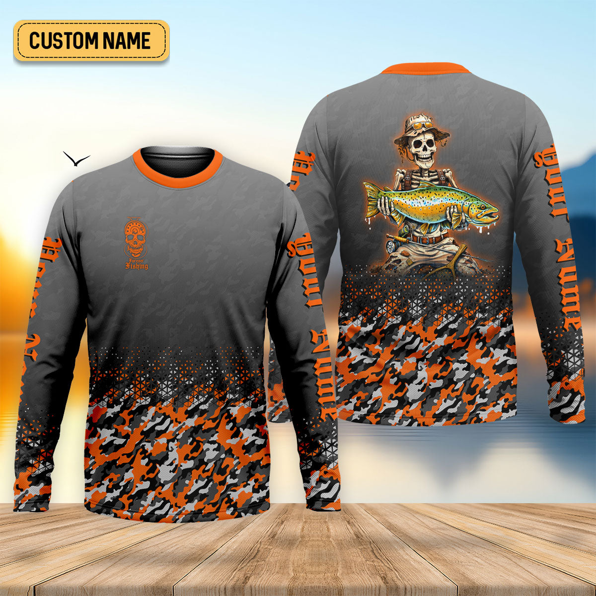 Skull Camo Personalized Fishing Shirt, Skeleton Angler, Skeleton Fisherman, Fishing Shirts For Men