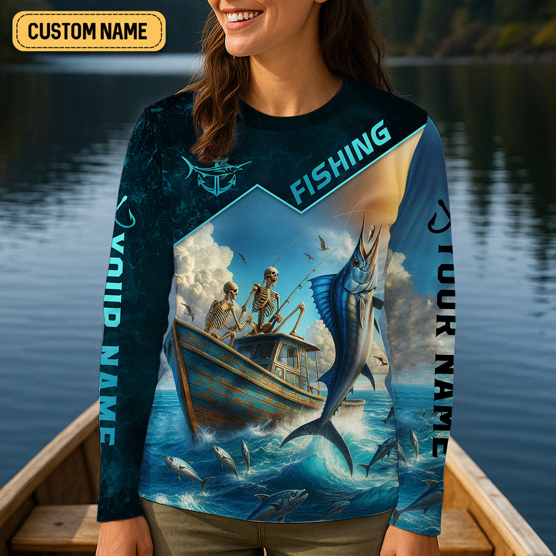 Never Give Up On Your Dreams Funny Skeleton Fishing UPF Shirts, Fishing Shirt For Women