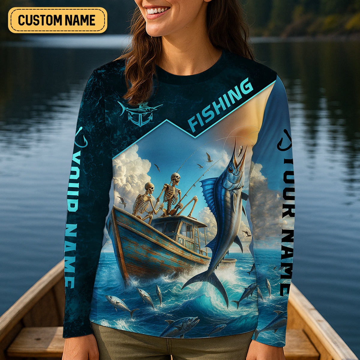 Never Give Up On Your Dreams Funny Skeleton Fishing UPF Shirts, Fishing Shirt For Women