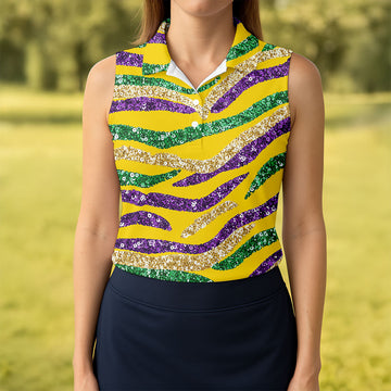 Purple Green Gold Sequin Pattern Yellow Golf Shirt, Mardi Gras Golf Shirt, Women's Golf Tops, Ladies Golf Shirts