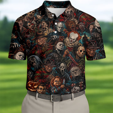Dark Horror Character Collage Halloween Polo Shirt, Golf Apparel For Men, Mens Polo Shirts