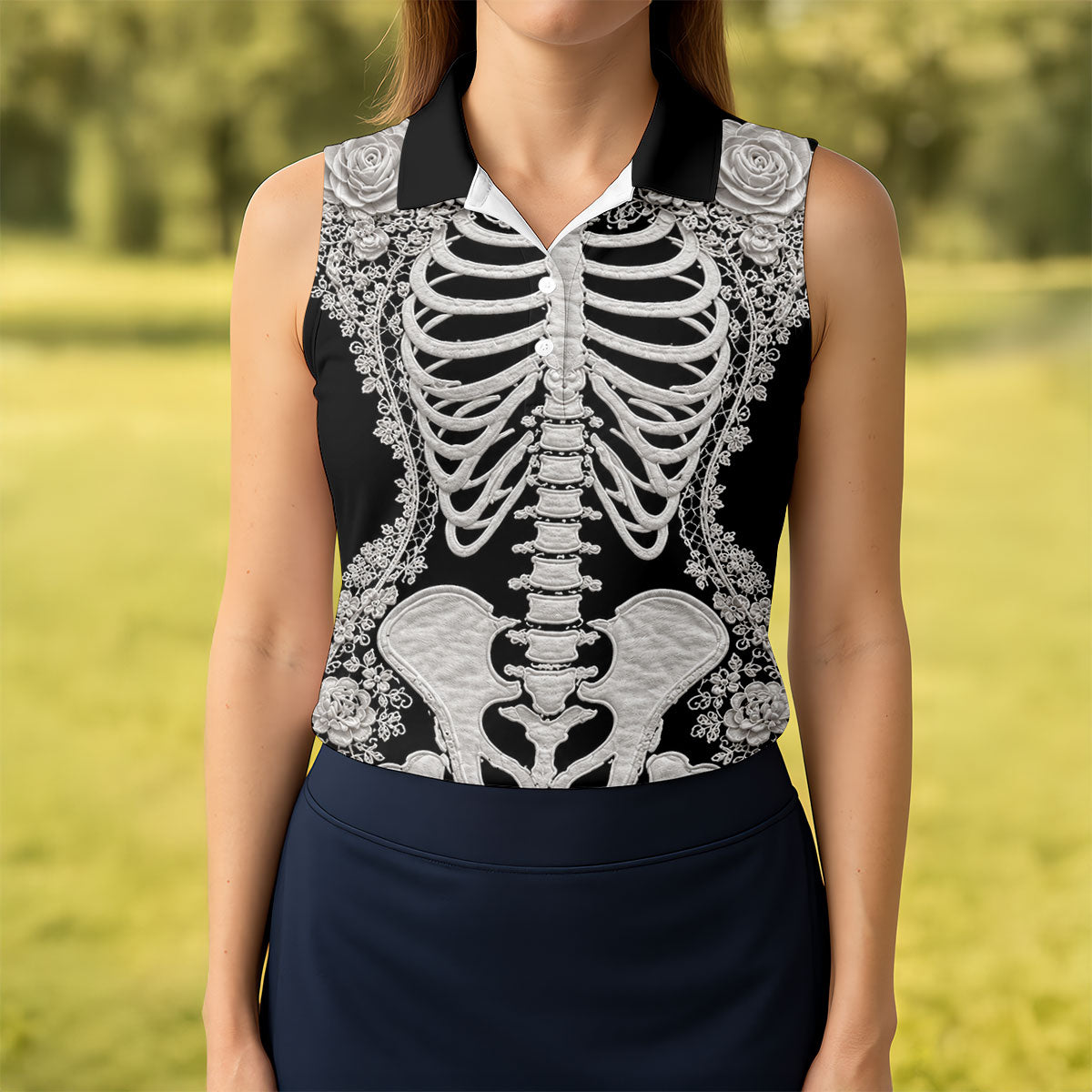 Floral Skeleton Halloween Golf Polo Shirt, Women’s Golf Polo, Golf Shirts For Women