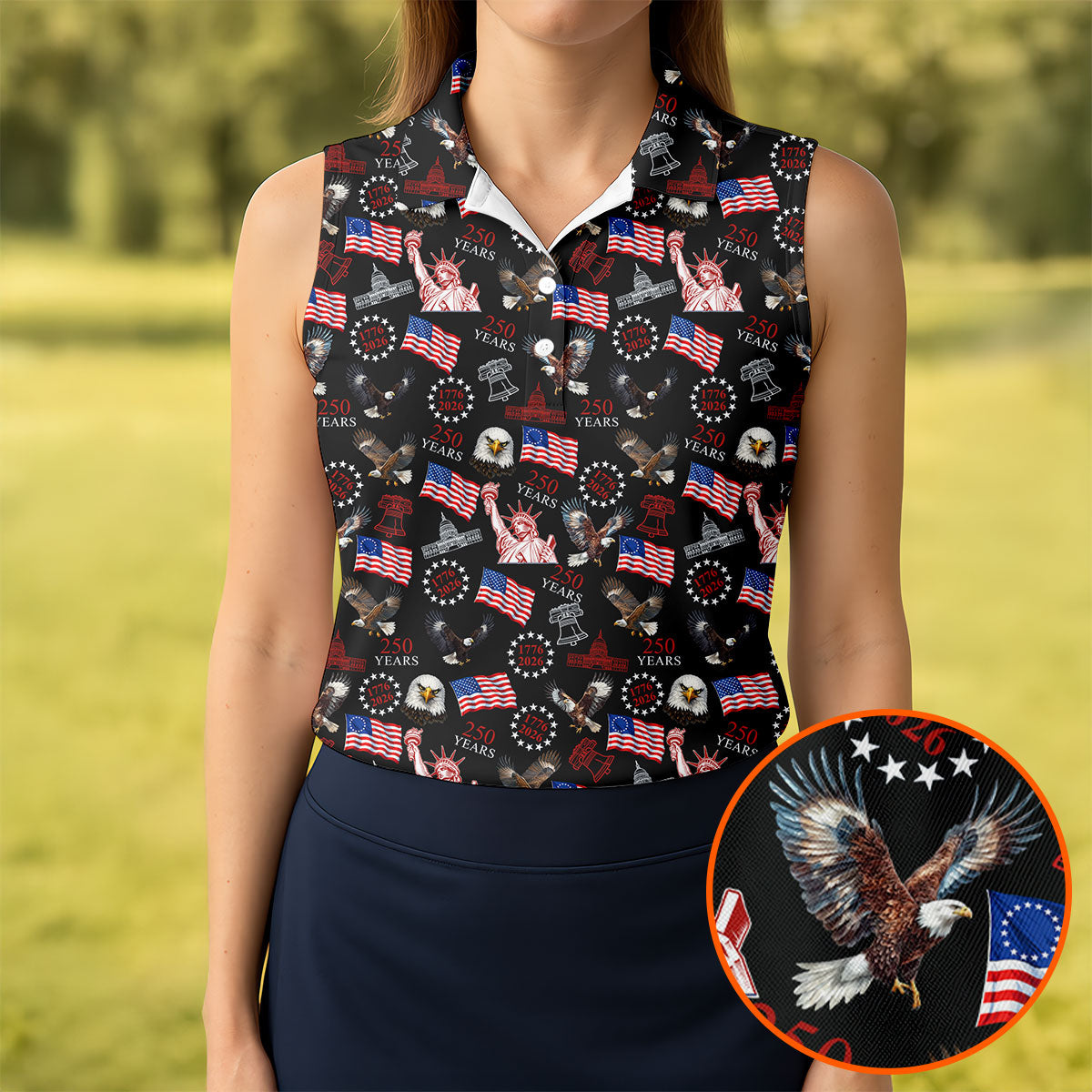 250 Years American Symbol Patriotic Pattern Black Golf Shirt, 4th Of July Golf Shirt, Golf Shirt For Women