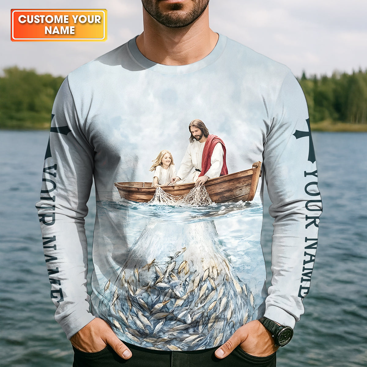 Jesus Catching Fish Bible Verse, Personalized Long Sleeve Shirt, Psalm 23 The Lord Is My Shepherd, Religious Gift for Men