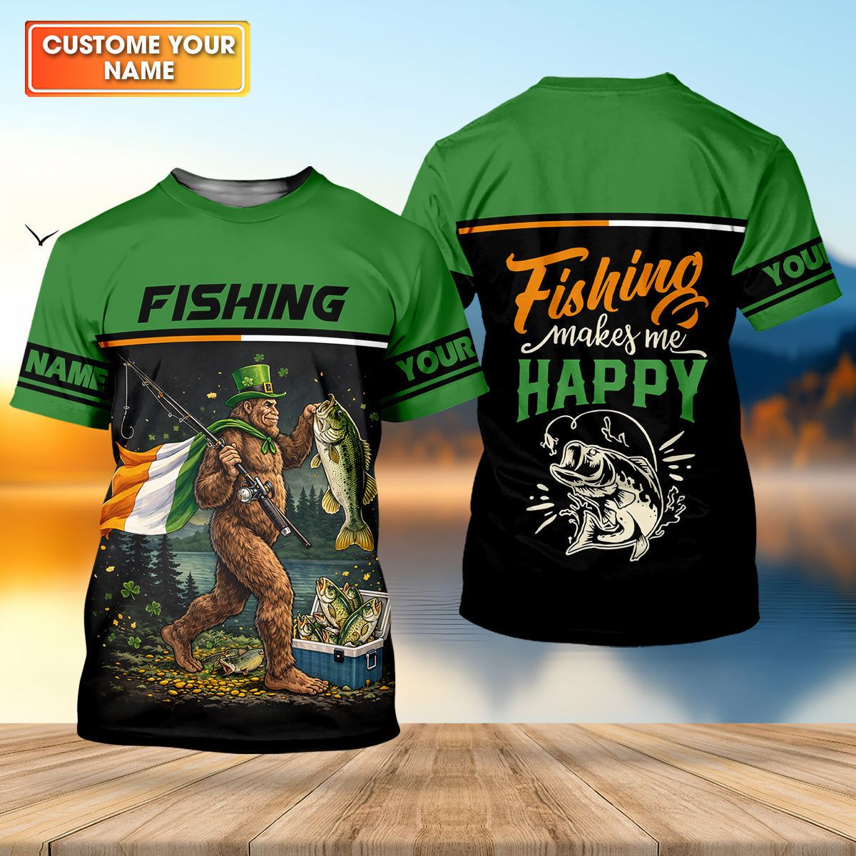 Fishing Makes Me Happy Shirt, Personalized Bigfoot St. Patrick’s Day Fishing Long Sleeve For Men