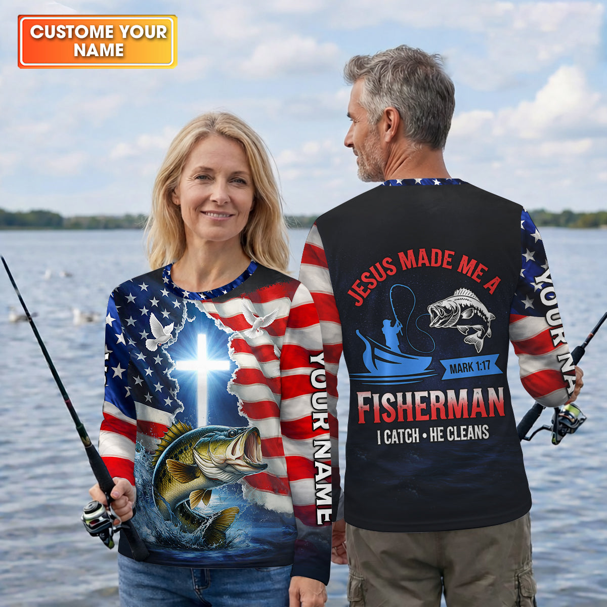 Jesus Made Me A Fisherman Shirt Christian, Patriotic Bass Fishing Tee For Men, Fishing UPF Shirts