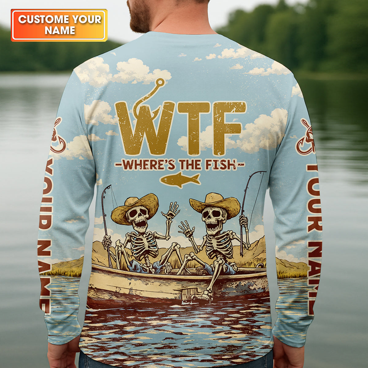 Personalized WTF Where’s The Fish Fishing Shirt, Funny Skeleton Fishermen Boat, Custom Name