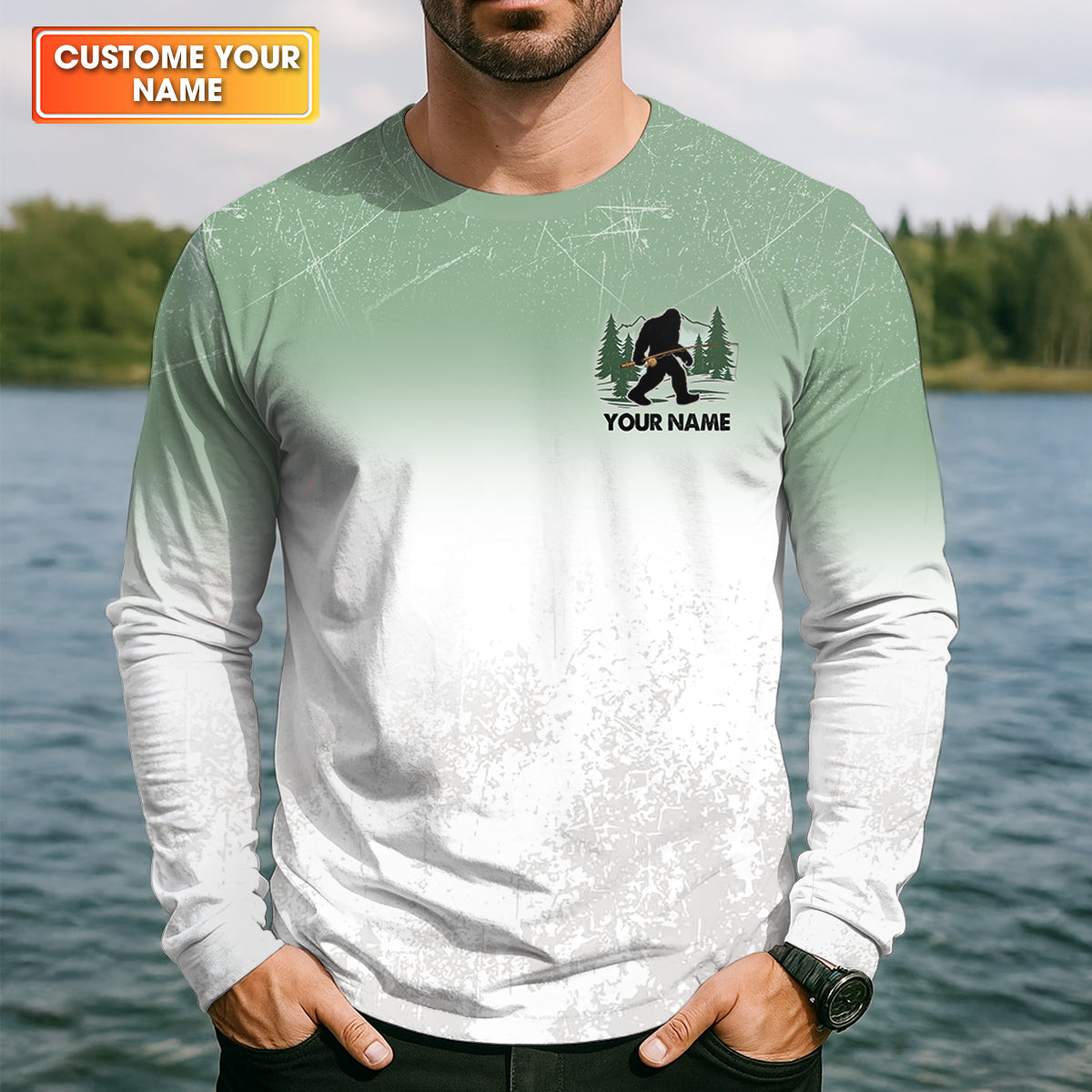 A Dad Like Me Is Hard To Find Bigfoot Fishing Shirt, Custom Name Bass Shirt, Fishing UPF Shirts, Funny Fishing Shirt