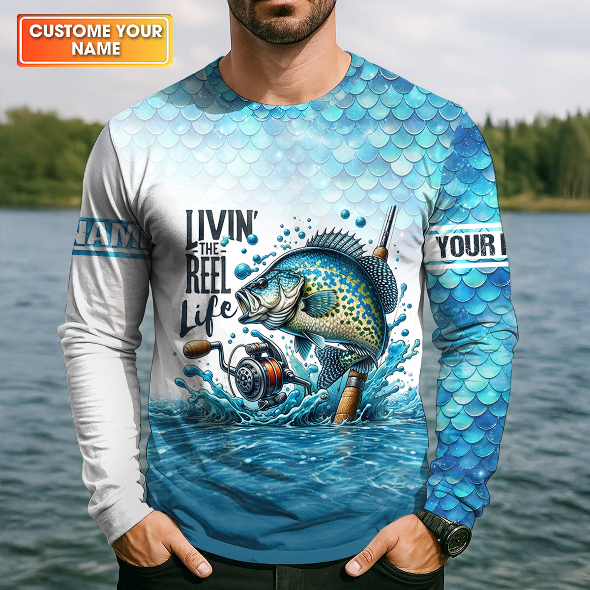 Living The Reel Life Fish Scale Pattern Funny Fishing Shirt, Fishing UPF Shirts, Fishing Shirts For Men