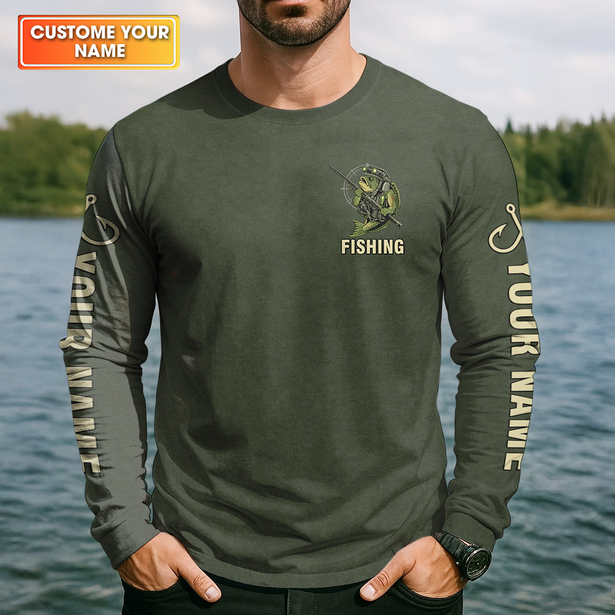 Bass Fishing Shirt, Personalized Military Fishing Long Sleeve Shirt, Funny Fishing Shirts For Men