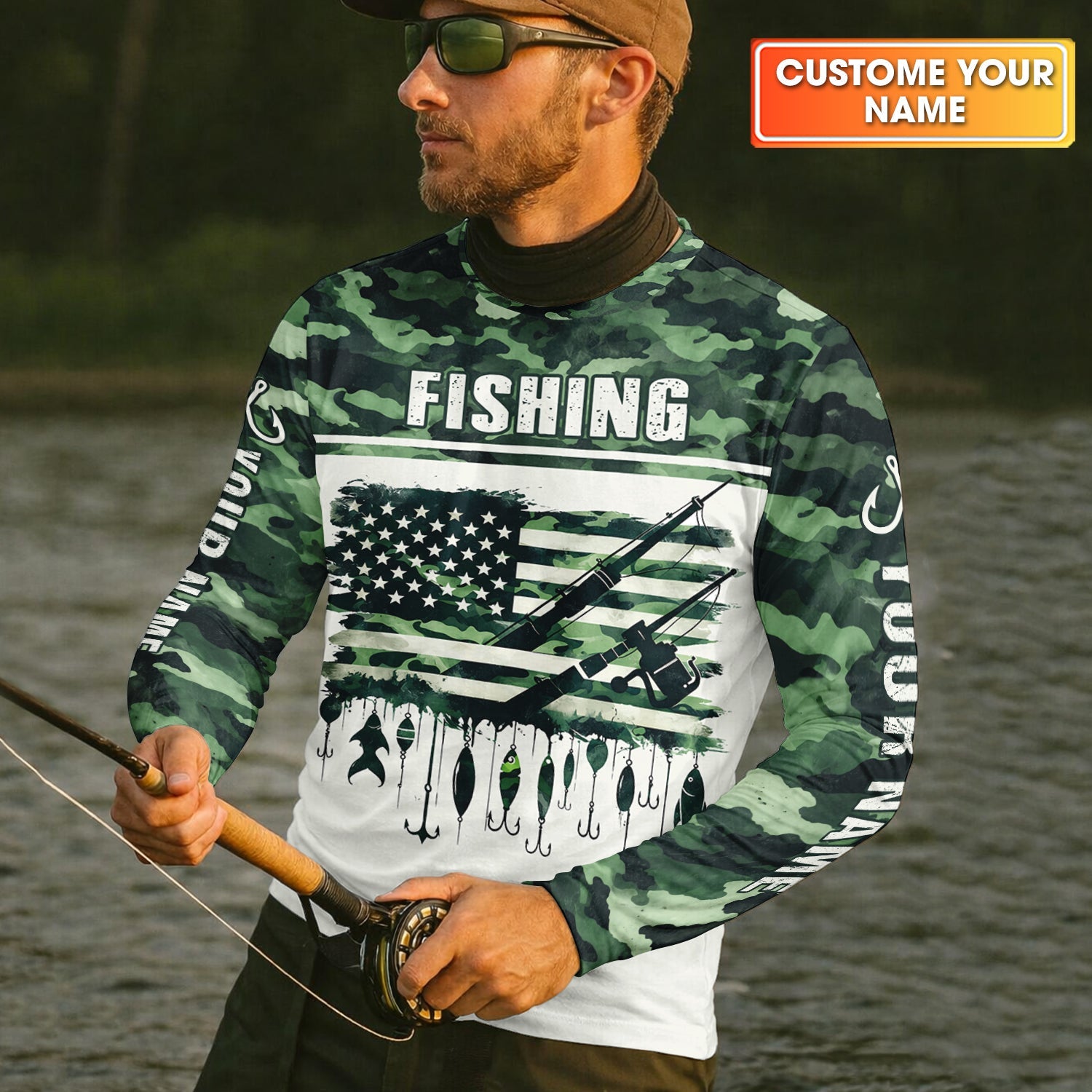 Fishing Green Camo US Flag Pattern Fishing UPF Shirts, 250 Years Fishing Shirts For Men