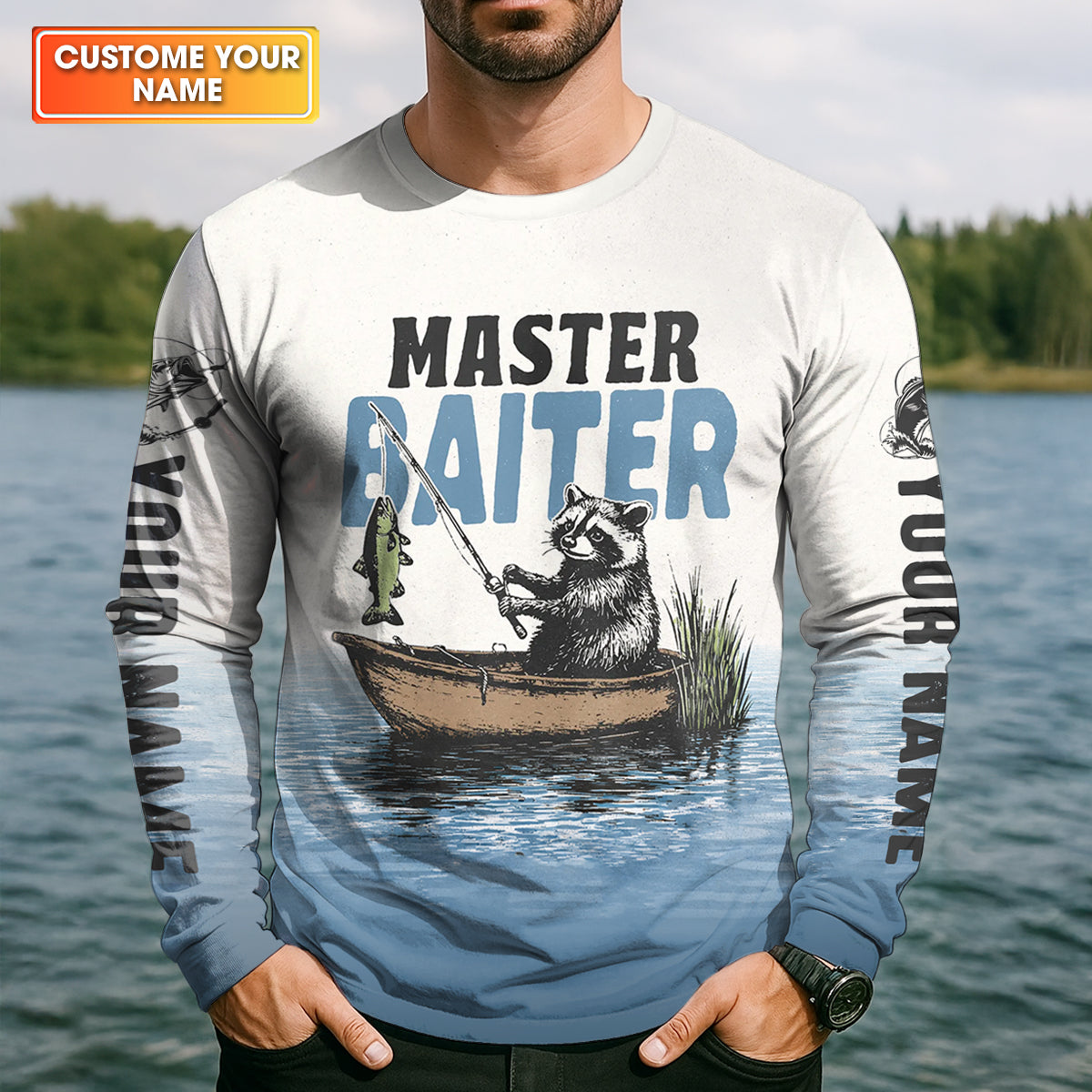 Master Baiter Shirt, Personalized Funny Raccoon Fishing Long Sleeve For Men, Fishing UPF Shirts