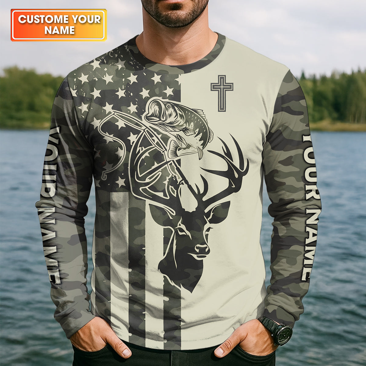 Faith Hunting Fishing Shirt, Christian Camo Deer Bass Patriotic Long Sleeve, Fishing UPF Shirts