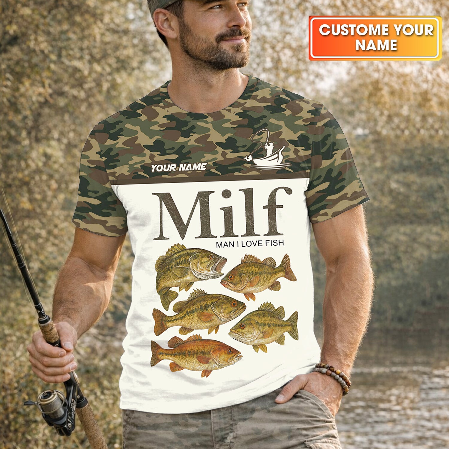 MILF Man I Love Fish Funny Fishing Shirt, Camo Fishing UPF Shirts, Fishing Shirts For Men