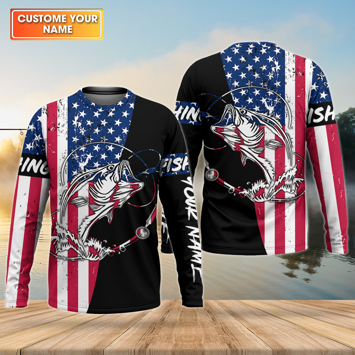 American Flag Fishing Shirt, Personalized Bass Fishing UPF Long Sleeve Shirt for Men
