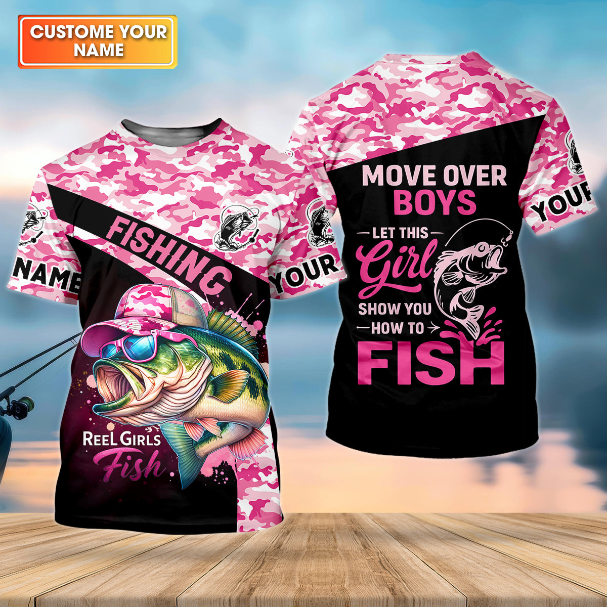 Personalized Move Over Boys Fishing Shirt, Pink Camo Girl Angler, Custom Name Fishing Shirt