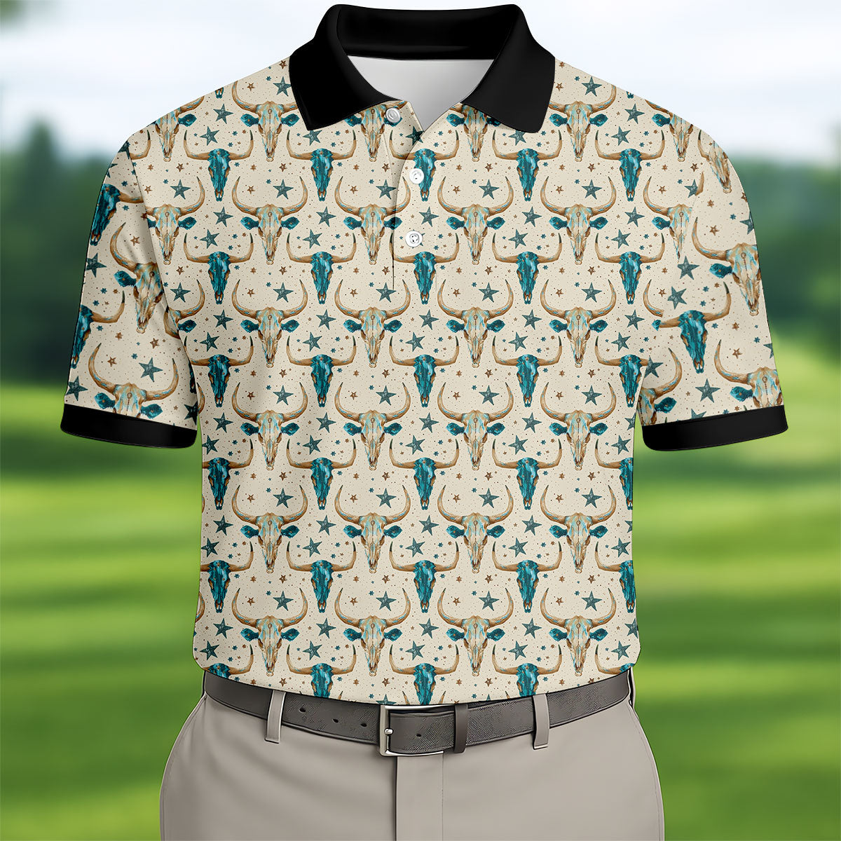 Cow Skulls Turquoise And Beige Western Theme Golf Tops For Men, Polo ShirtFor Men, Golf Shirts For Men