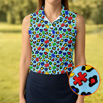 Autism Awareness Color Leopard Pattern Blue Golf Shirt, Women's Golf Tops, Ladies Golf Shirts, Ladies Golf Polos