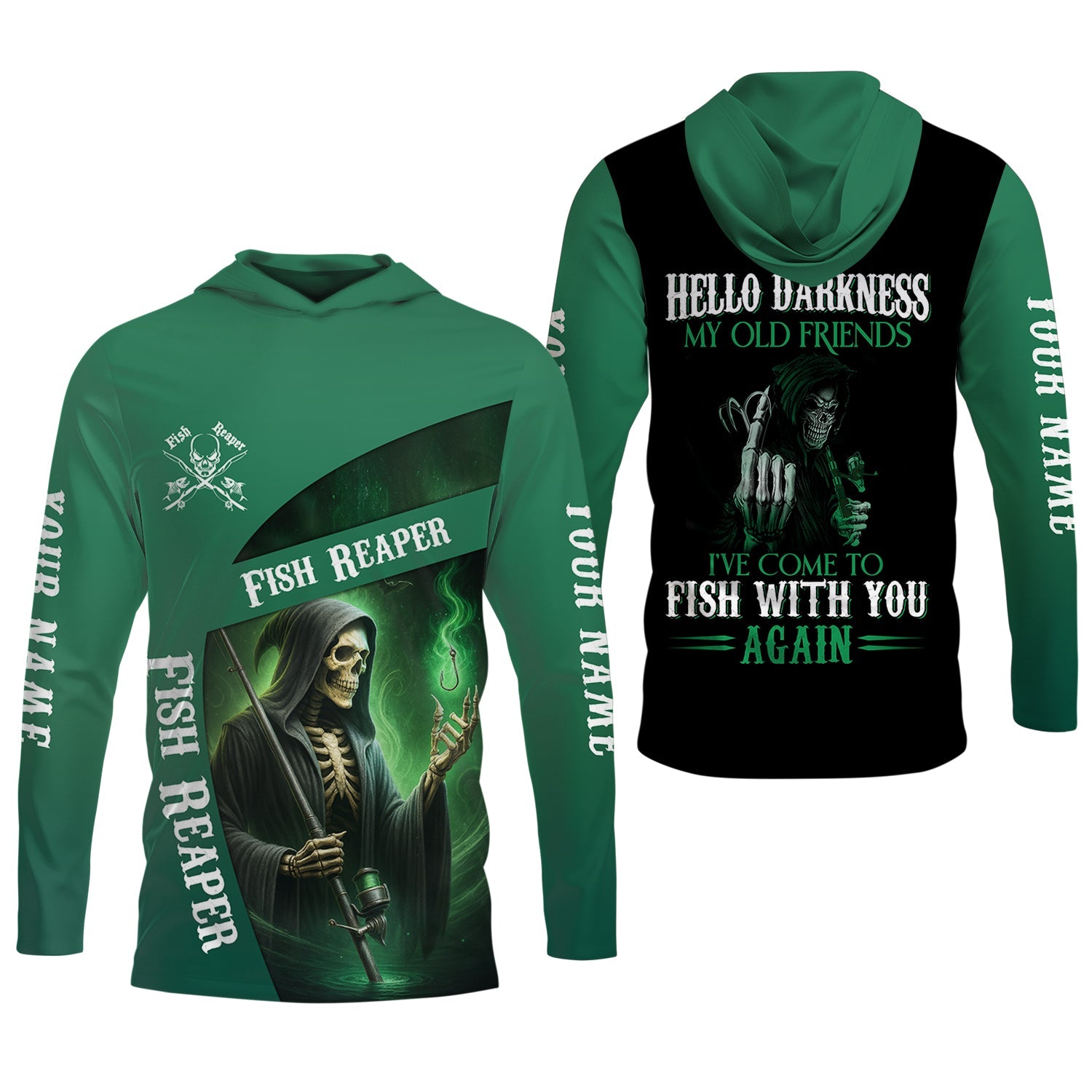 Fish Reaper Fishing UPF Shirts, Best Fishing Gifts, Custom Fishing Shirt, Hello Darkness My Old Friend