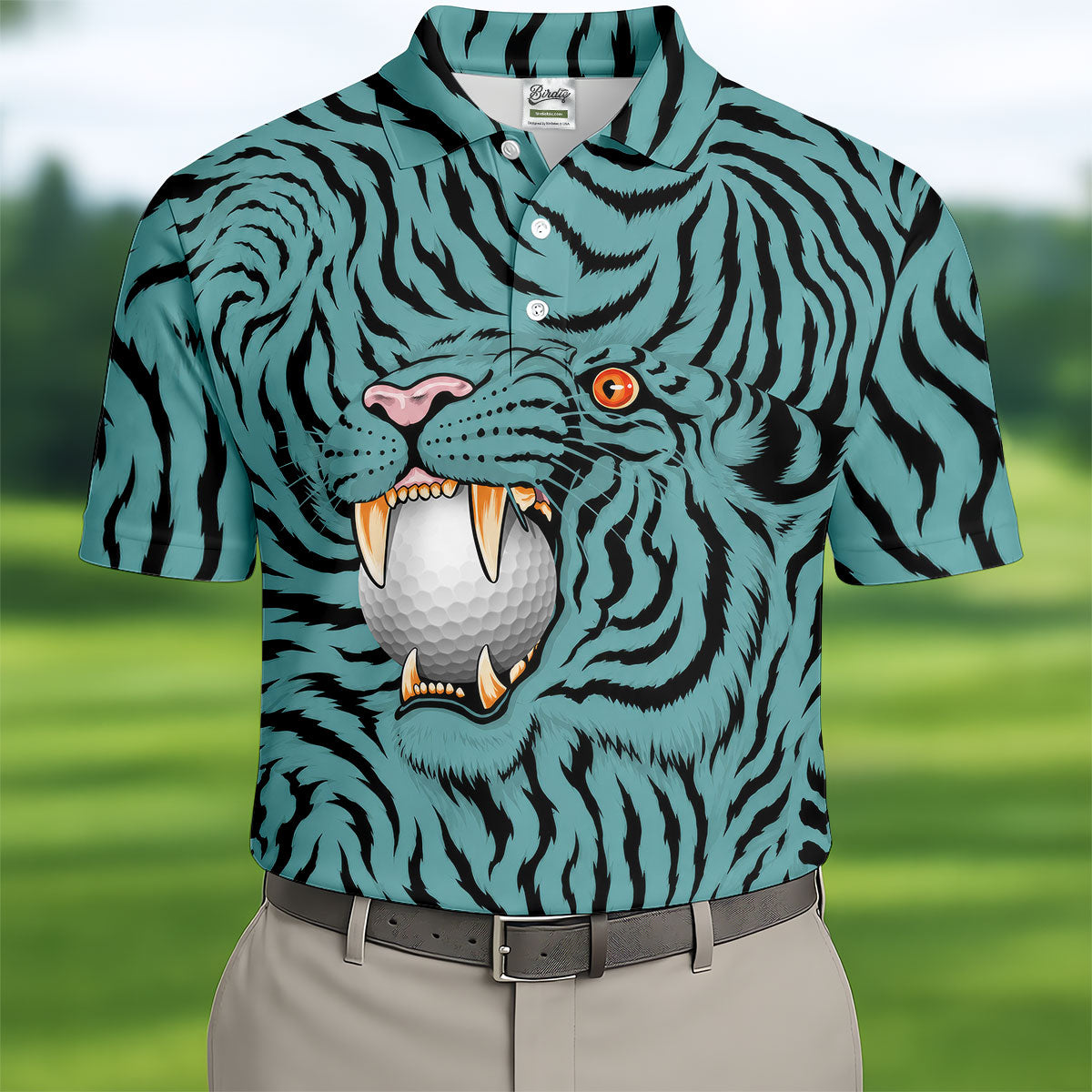 Funny Striped Tiger Biting Golf Ball Polo Shirt, Polo Shirts For Men, Mens Golf Apparel