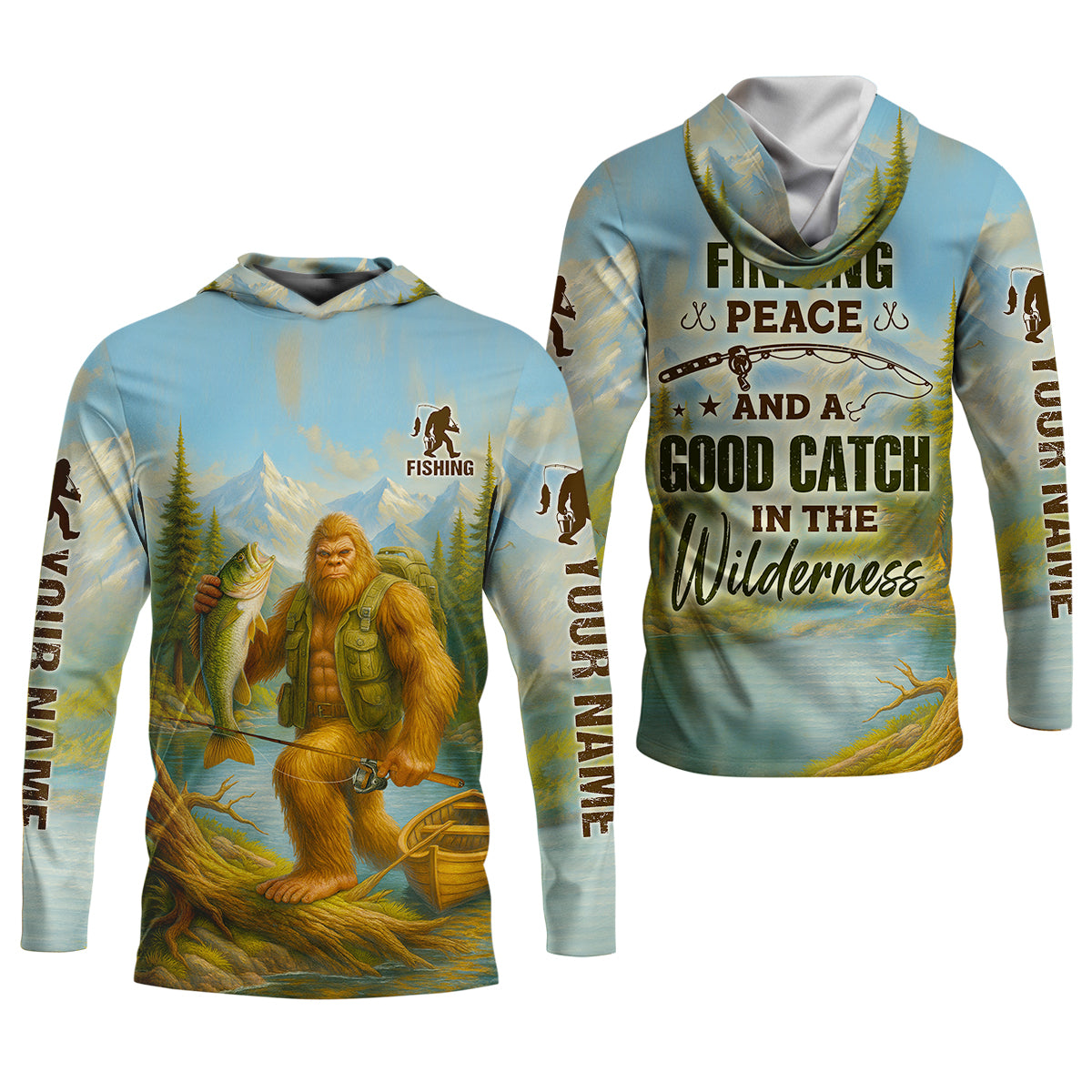 Finding Peace And A Good Catch In The Wilderness Bigfoot Fishing UPF Shirts, Funny Women Fishing Shirt