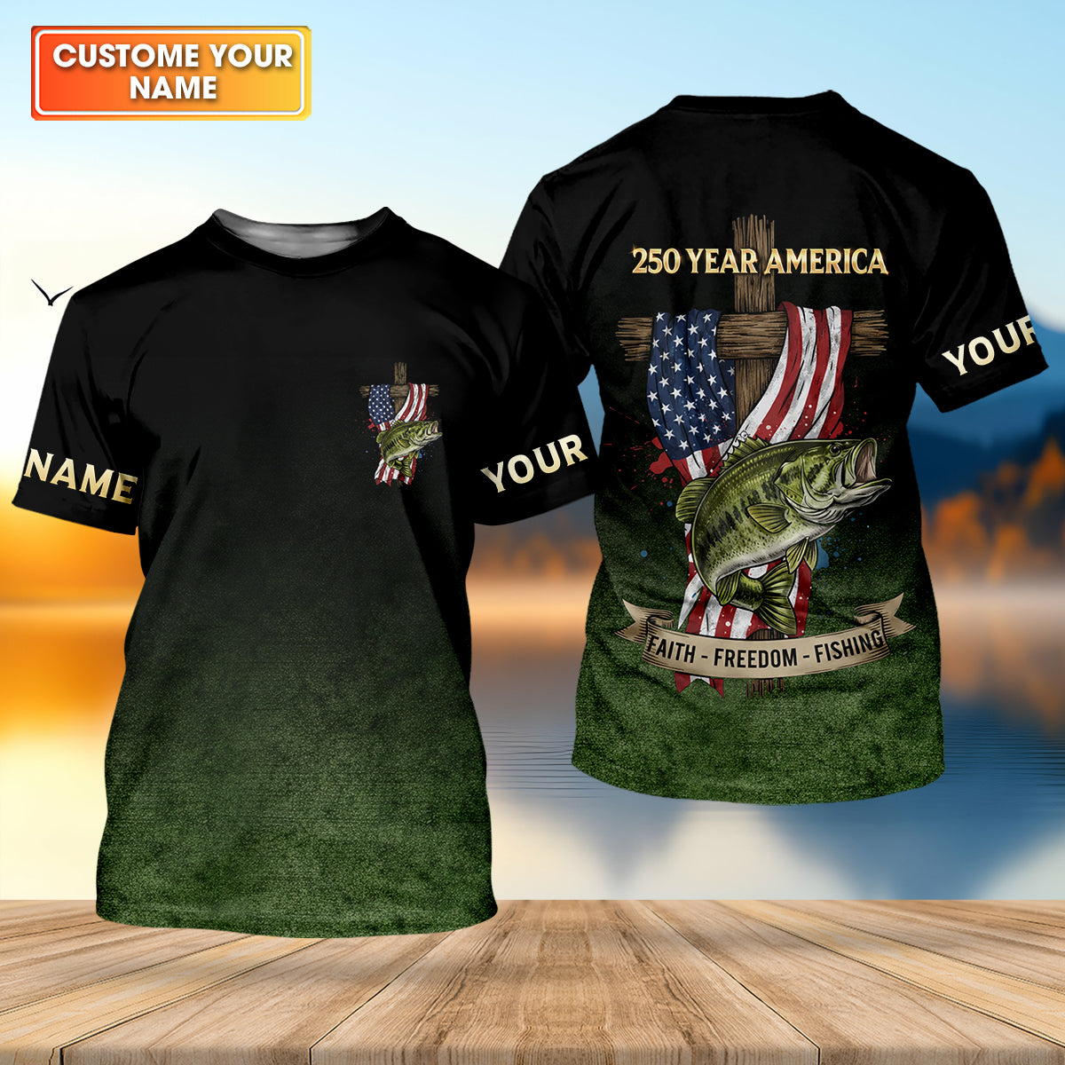 Faith Freedom Fishing Patriotic Fishing Shirt, Fishing UPF Shirts, 250th Anniversary Men's Fishing Shirt