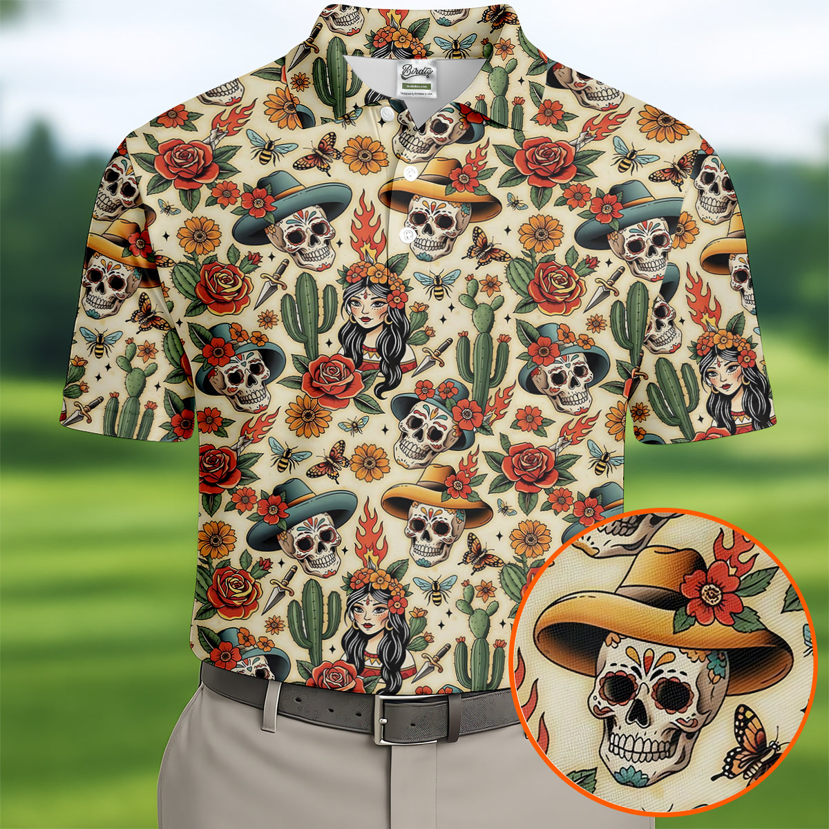 Day Of The Dead Sugar Skull Floral Polo Shirt, Mens Golf Polo, Hawaiian Golf Shirt
