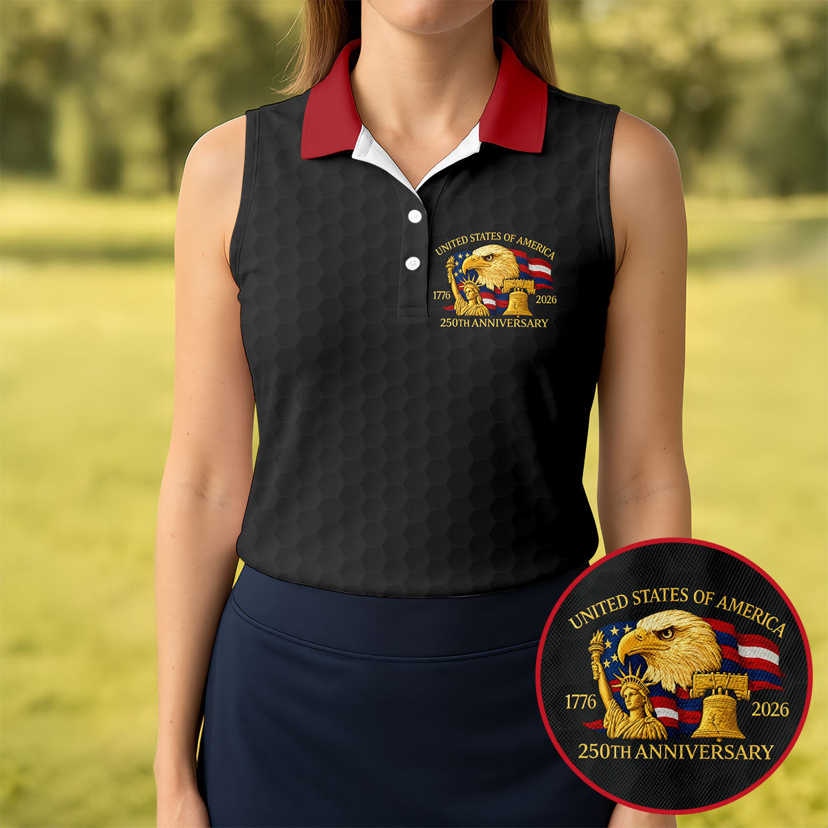 United States 250th Anniversary Patriotic Eagle Black Custom Golf Shirts, 4th Of July Golf Shirt For Women