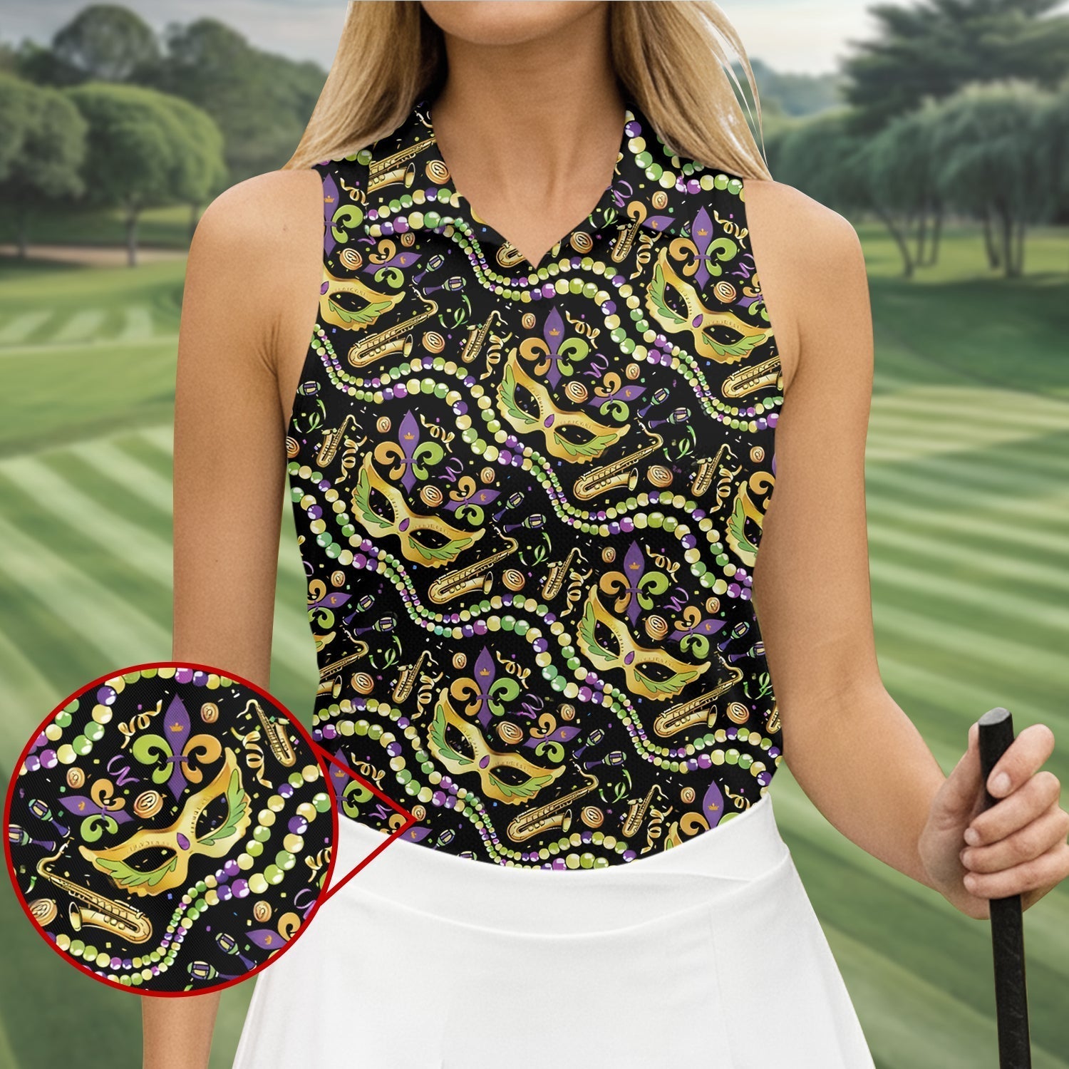 Gold Masquerade Mask Beads String Mardi Gras Golf Shirt, Ladies Golf Tops, Golf Shirt For Women