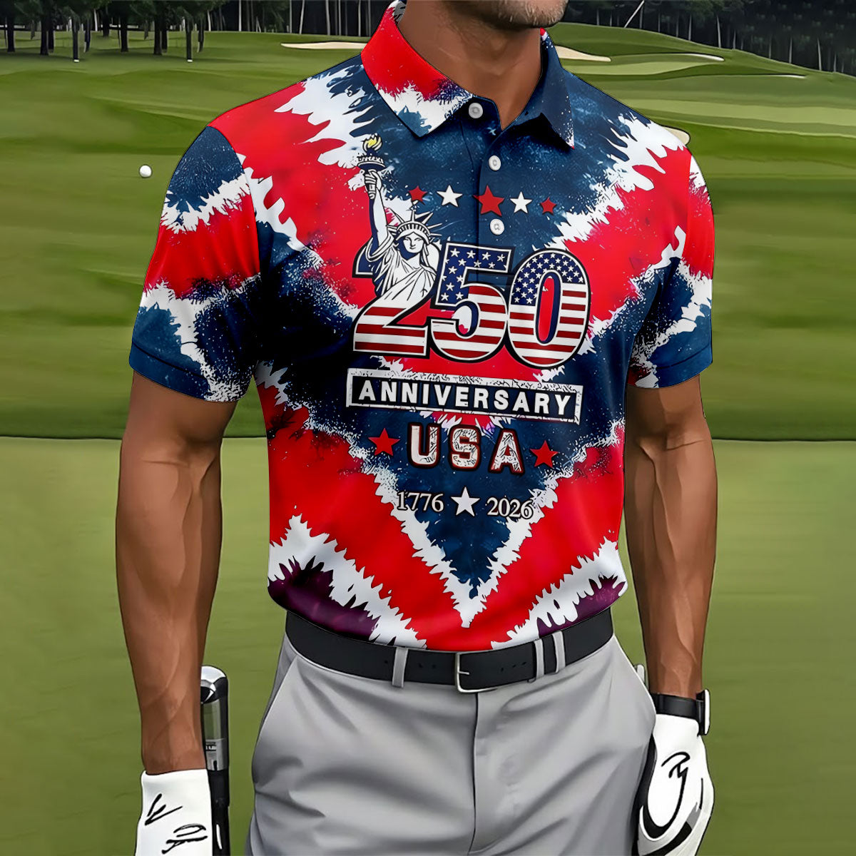 250th Anniversary Red White Blue Tie Dye Print Patriotic Golf Shirt, 4th Of July Golf Shirts For Men