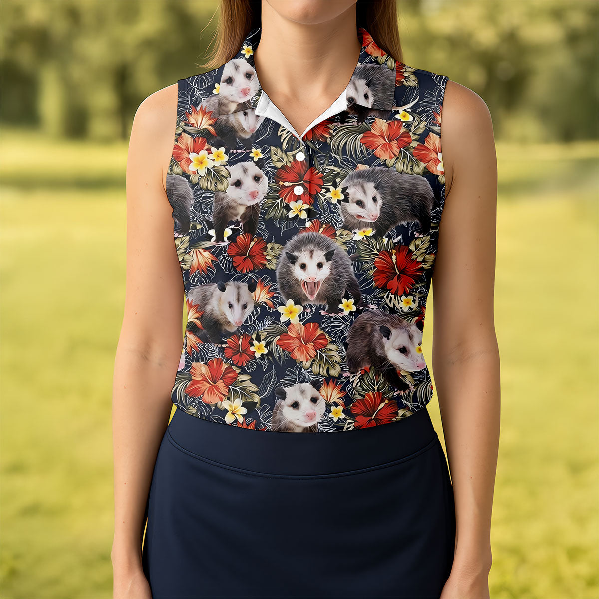 Cute Possums Hibiscus Flowers Golf Polo, Island Foliage Hawaiian Golf Shirt, Golf Tops For Women, Golfing Apparel