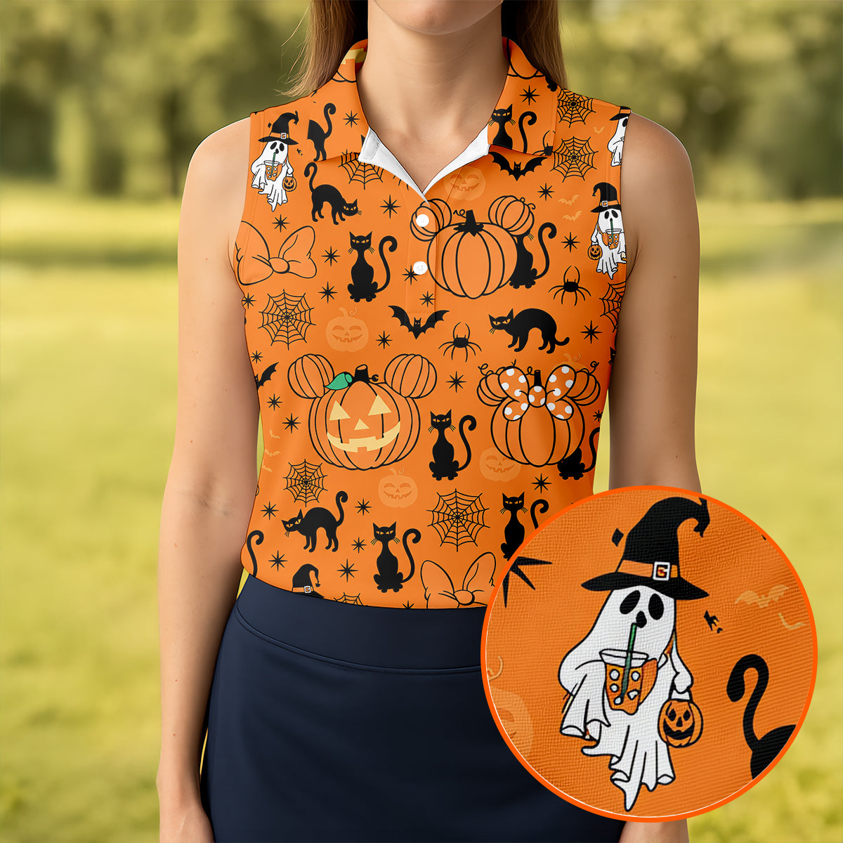 Black Cat and Pumpkin Halloween Polo Shirt, Golf Polo Apparel, Womens Golf Outfit
