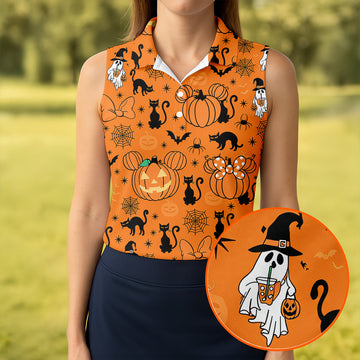 Black Cat and Pumpkin Halloween Polo Shirt, Golf Polo Apparel, Womens Golf Outfit