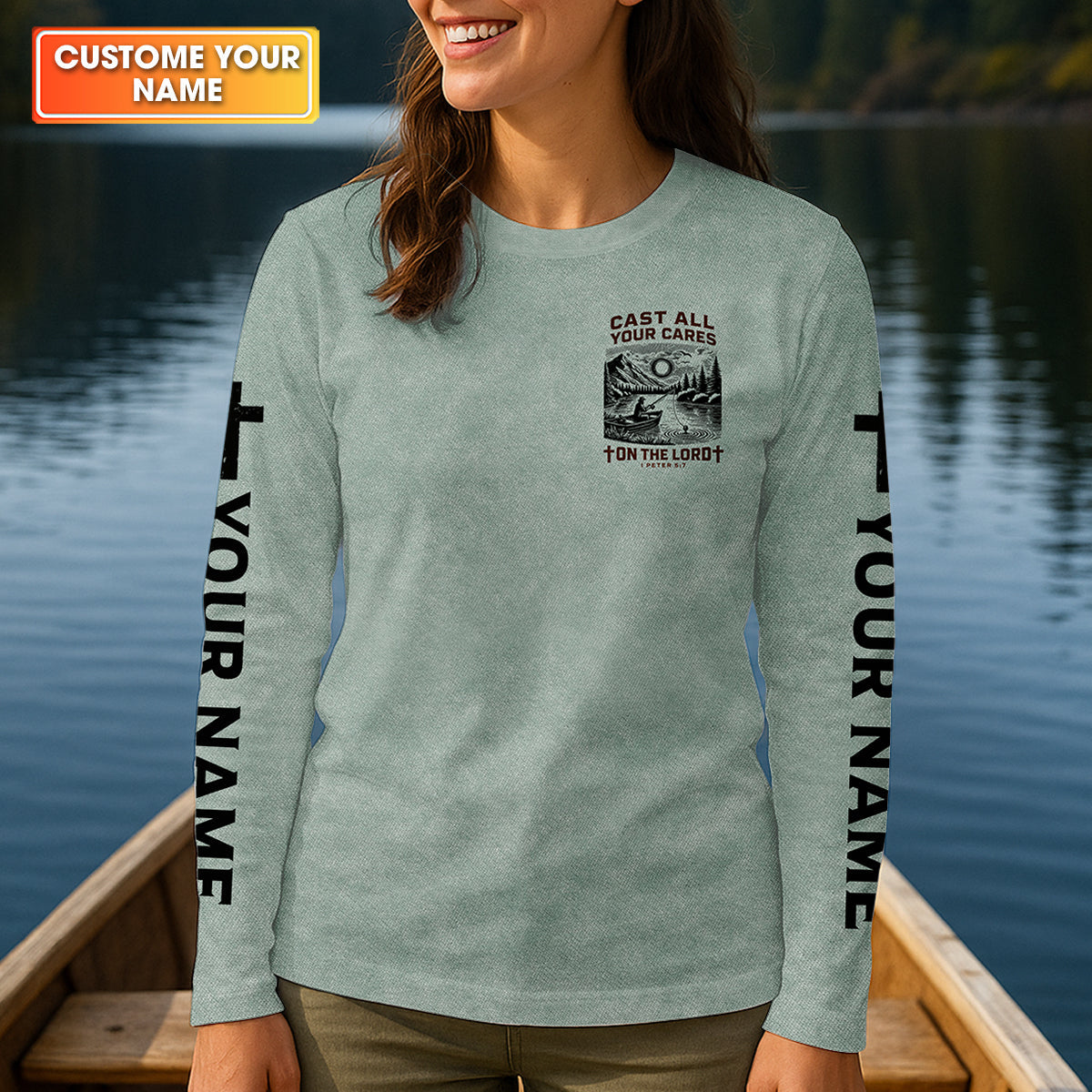 Cast All Your Cares On The Lord Faith Cross Fishing UPF Shirts, Christian Fishing Shirt For Women