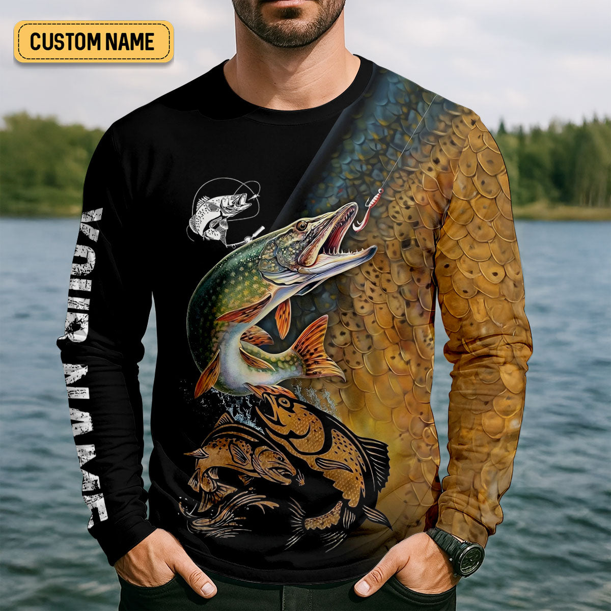 Northern Pike Fishing Gold Brown Scale Pattern Fishing UPF Shirts, Fishing Shirts For Men