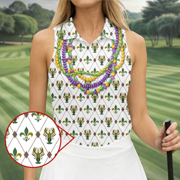 Mardi Gras Purple Green Gold Beads Chain Fleur De Lis Argyle Pattern White Golf Shirt, Women's Golf Tops