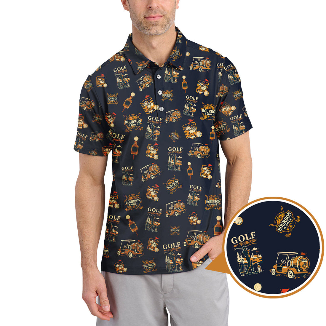Golf and Bourbon Pattern Polos, Funny Bourbon Shirt For Men, Crazy Golf Shirts For Golfers