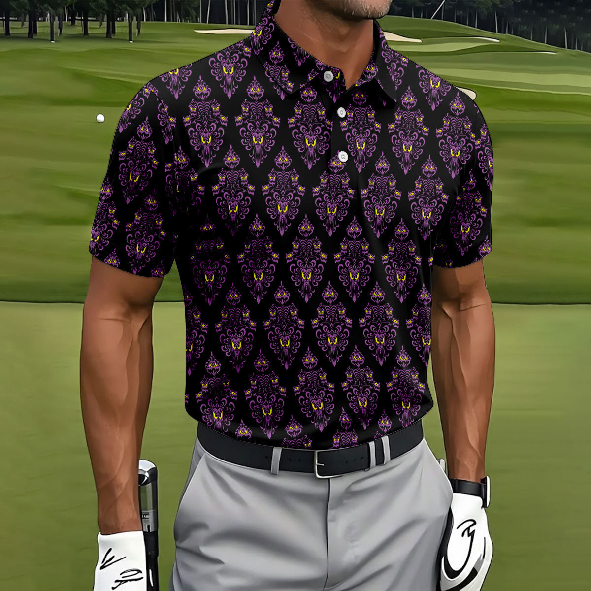 Purple Haunted Demon Faces Halloween Polo Shirt, Printed Golf Shirts, Golf Apparel For Men