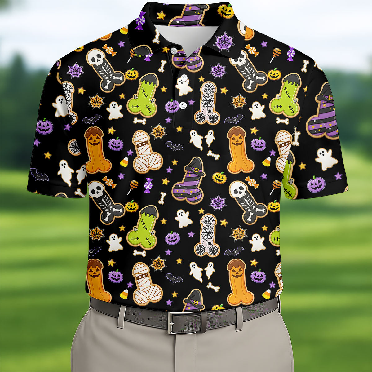 Funny Adult Halloween Cookie Pattern Polo Shirt, Men's Golf Shirt, Printed Golf Shirts