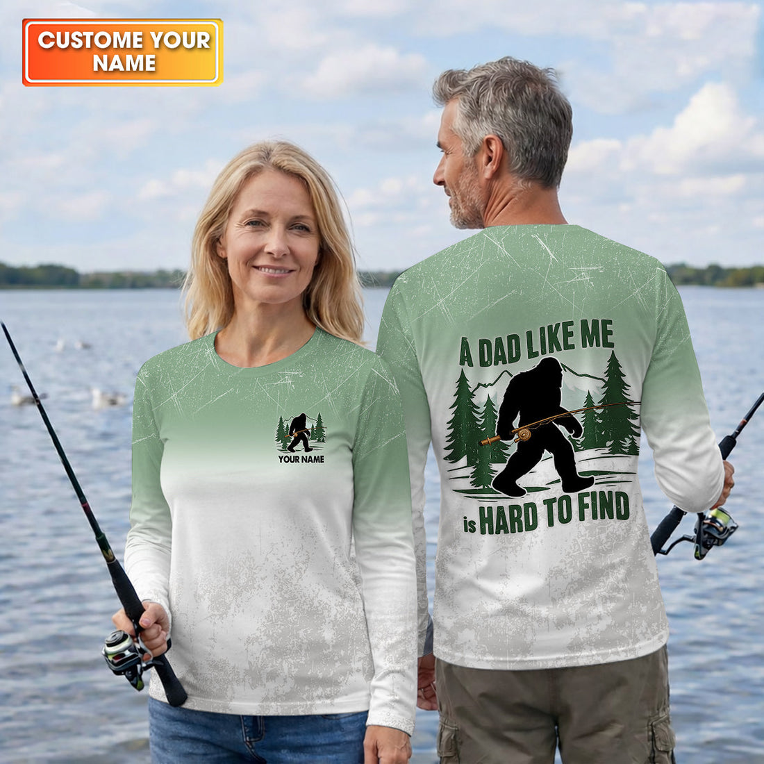 A Dad Like Me Is Hard To Find Bigfoot Fishing Shirt, Custom Name Bass Shirt, Fishing UPF Shirts, Funny Fishing Shirt