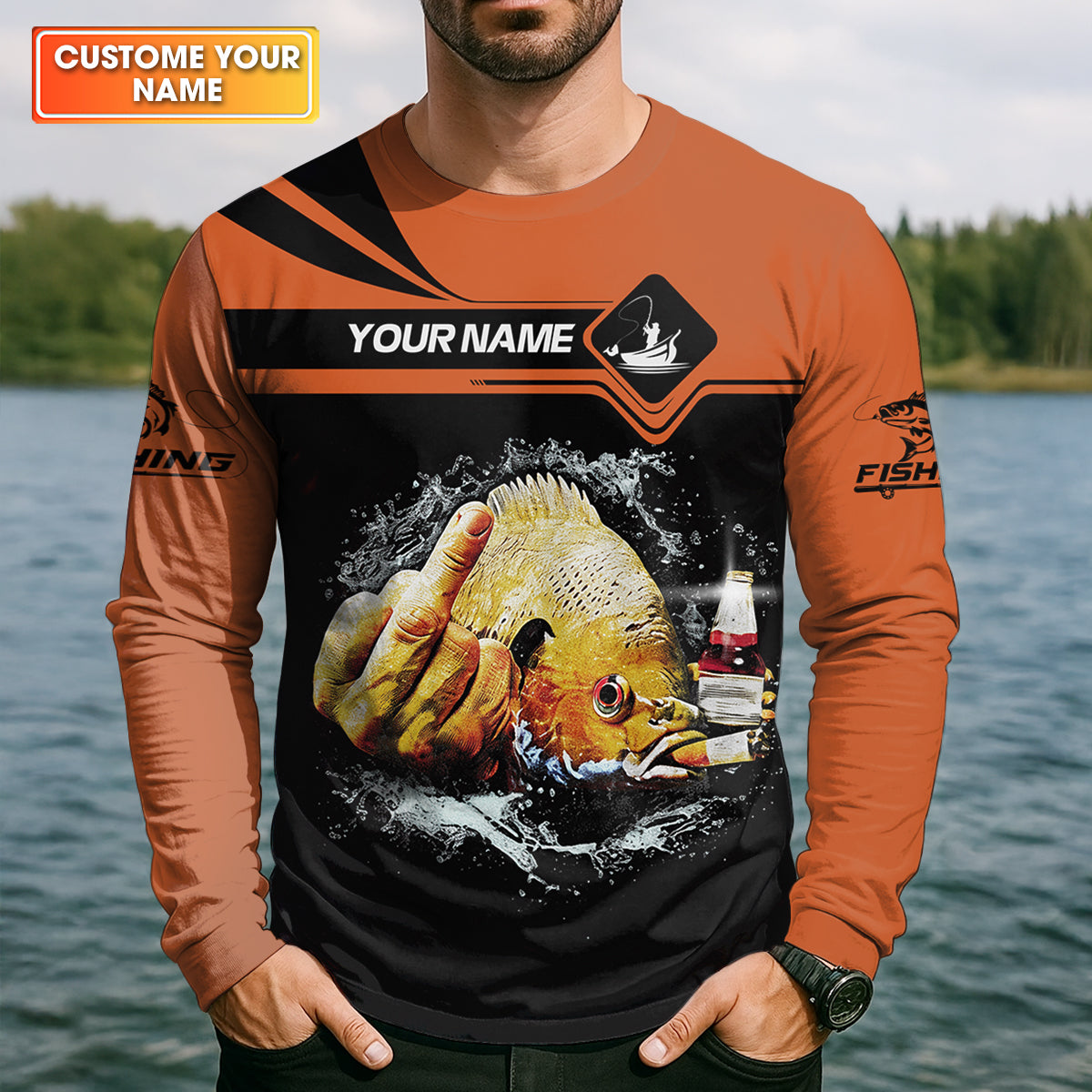 Funny Middle Finger, Personalized Fishing Shirt, Savage Angler Long Sleeve for Men, Fishing Shirts For Men