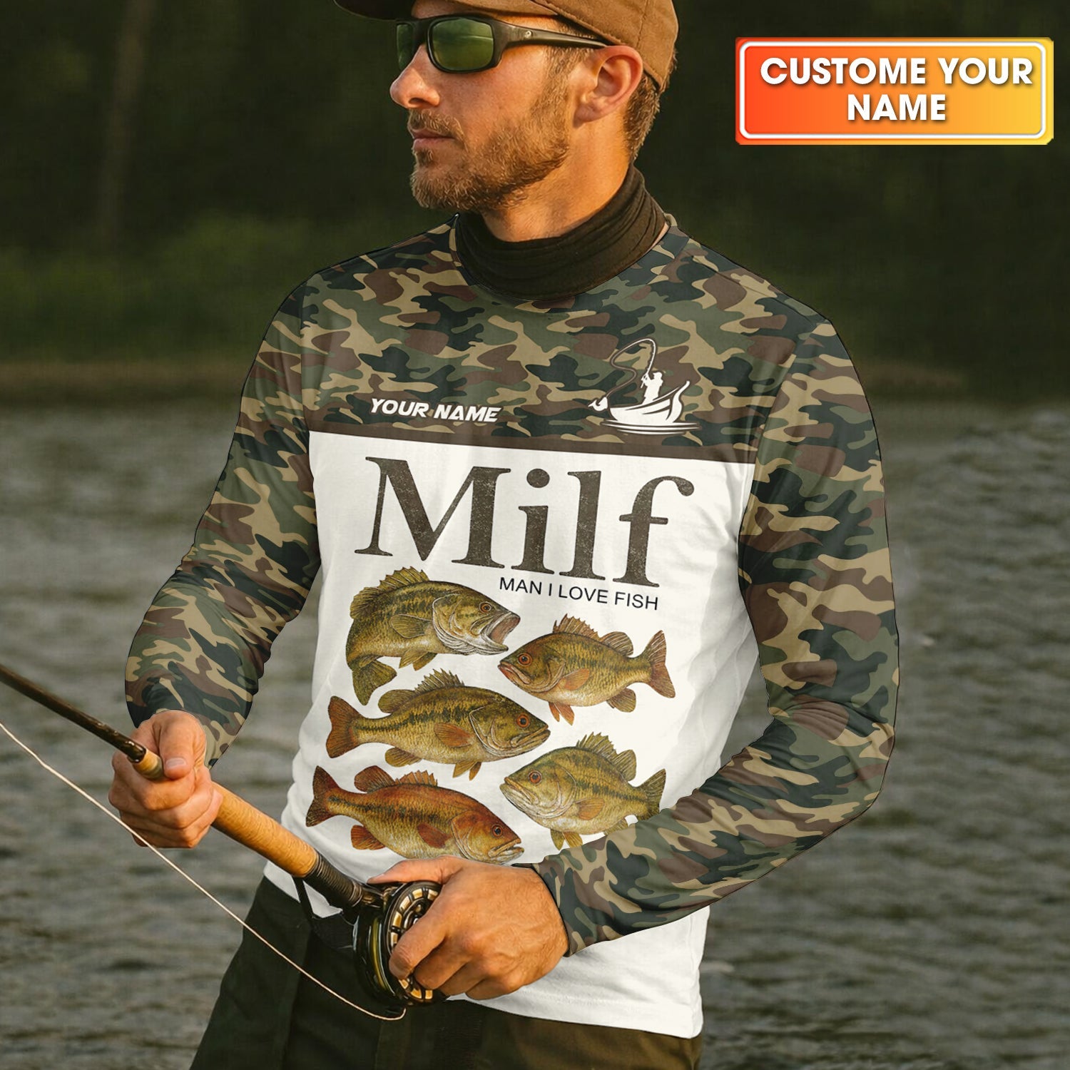 MILF Man I Love Fish Funny Fishing Shirt, Camo Fishing UPF Shirts, Fishing Shirts For Men