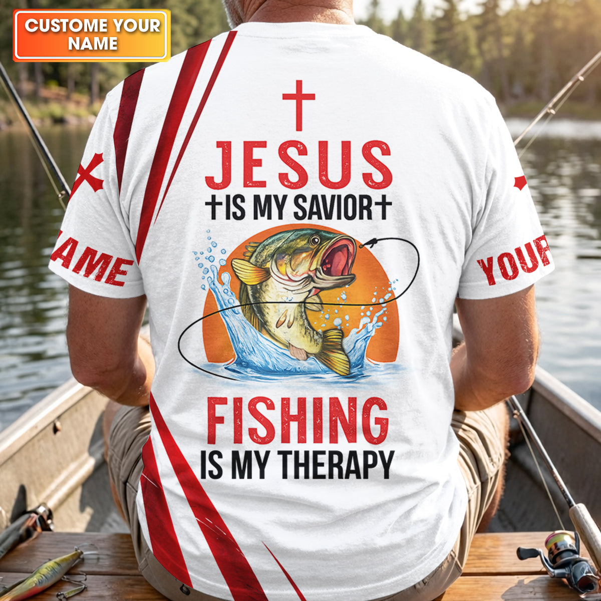 Jesus Is My Savior Fishing Is My Therapy Shirt, Personalized Christian Fishing Long Sleeve For Men