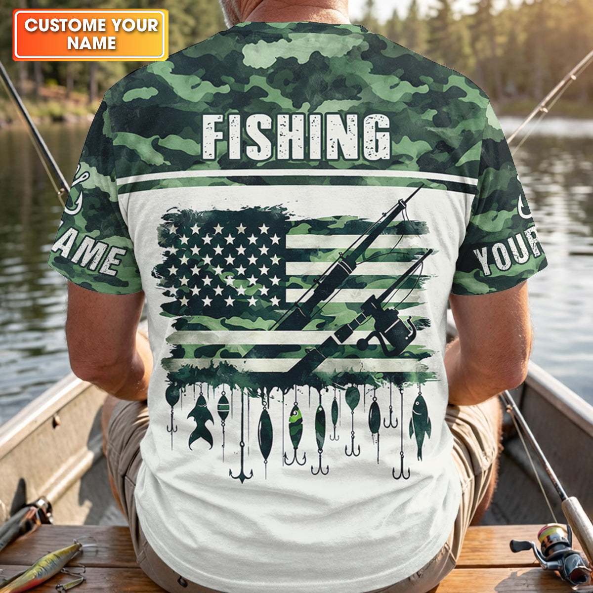 Fishing Green Camo US Flag Pattern Fishing UPF Shirts, 250 Years Fishing Shirts For Men
